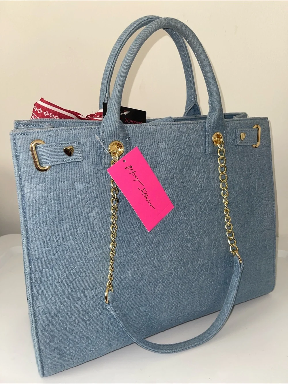 Betsey Johnson Light Blue denim skull Embossed Tote with Red Bandana Bow